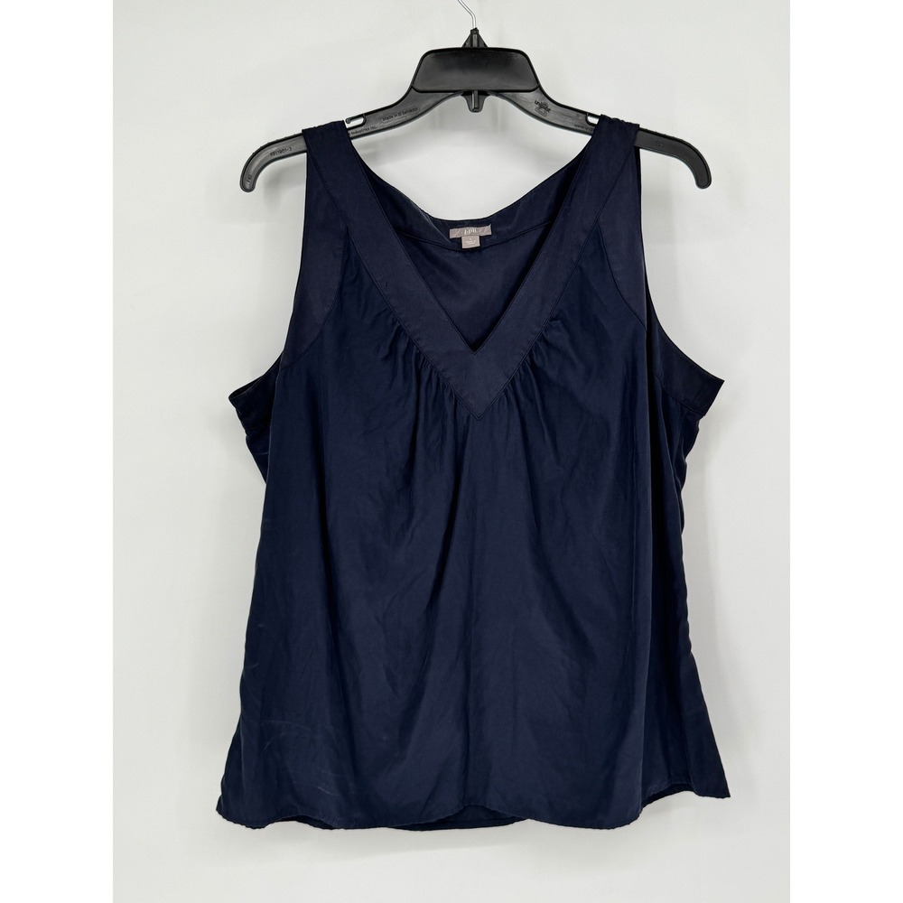J. Jill Shell Top Women L Navy Blue Good Silk Cotton Blend V-Neck Pleated Front